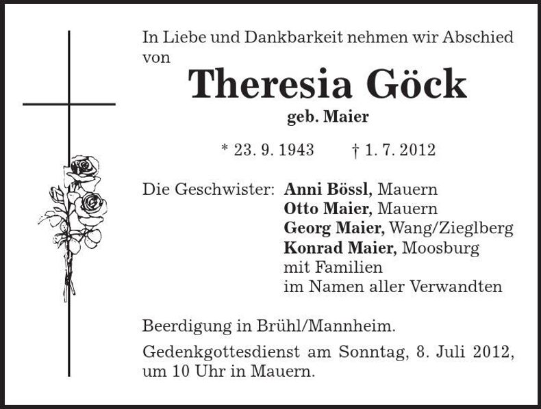 Traueranzeige Theresia Göck