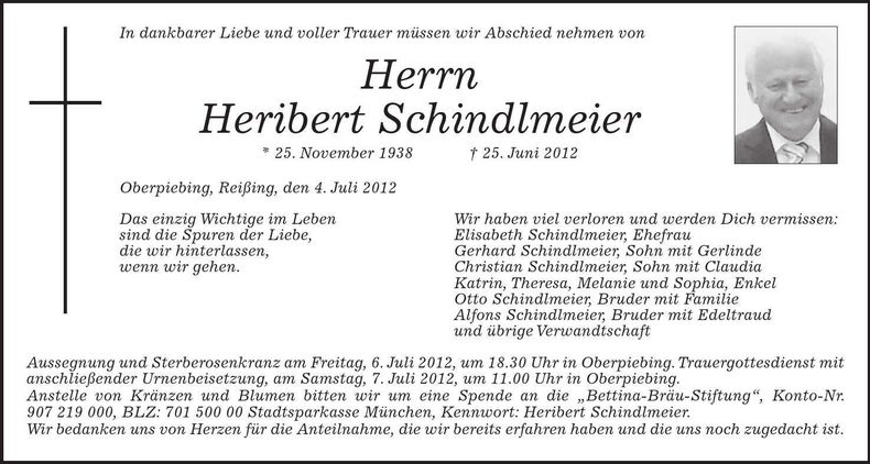 Traueranzeige Heribert Schindlmeier