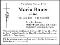 Traueranzeige Maria Bauer