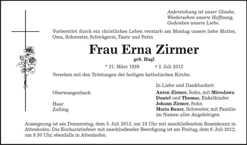 Traueranzeige Erna Zirmer