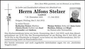 Traueranzeige Alfons Stelzer