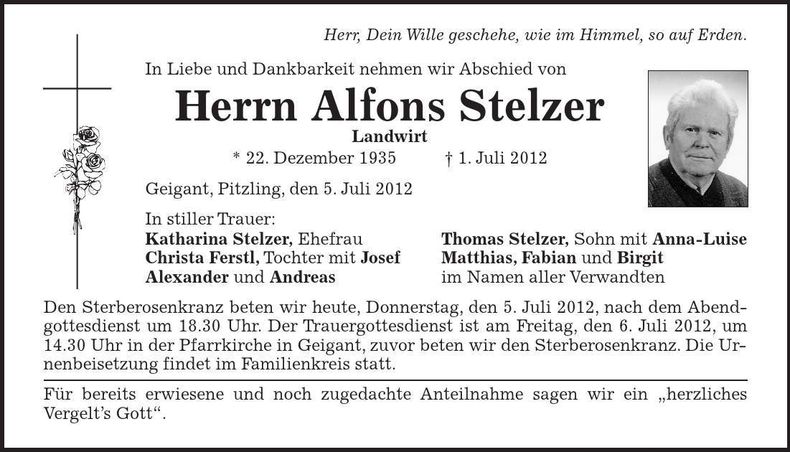 Traueranzeige Alfons Stelzer