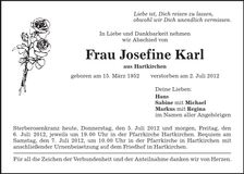 Traueranzeige Josefine Karl