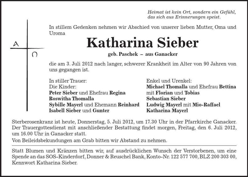 Traueranzeige Katharina Sieber