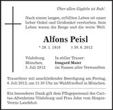 Traueranzeige Alfons Peisl