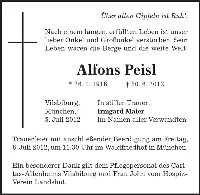 Traueranzeige Alfons Peisl