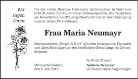 Traueranzeige Maria Neumayr