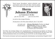 Traueranzeige Johann Zisterer