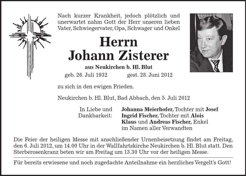 Traueranzeige Johann Zisterer