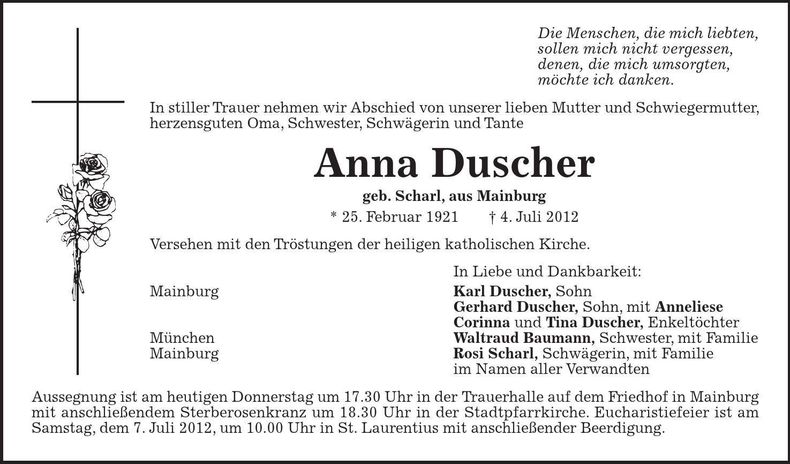 Traueranzeige Anna Duscher