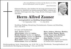 Traueranzeige Alfred Zauner