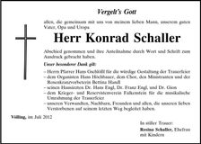 Traueranzeige Konrad Schaller