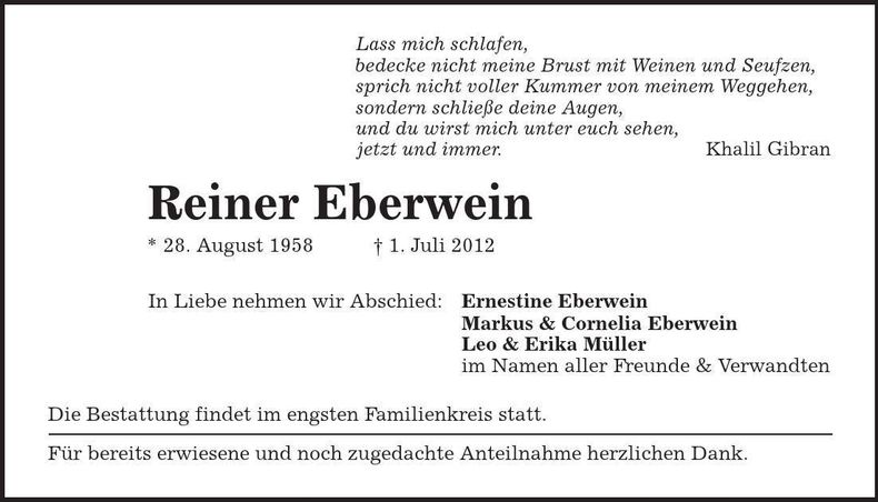 Traueranzeige Reiner Eberwein