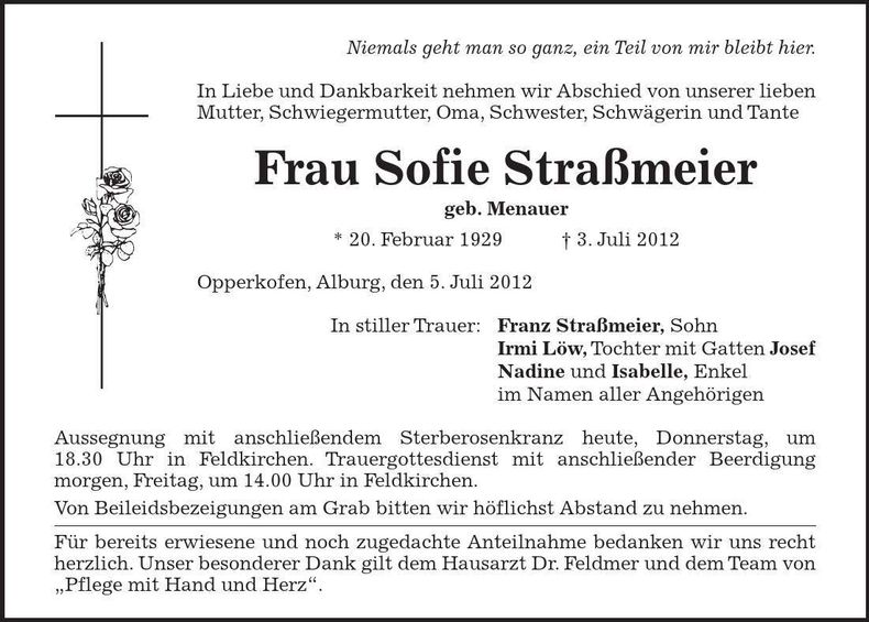 Traueranzeige Sofie Straßmeier