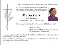 Traueranzeige Maria Vietz