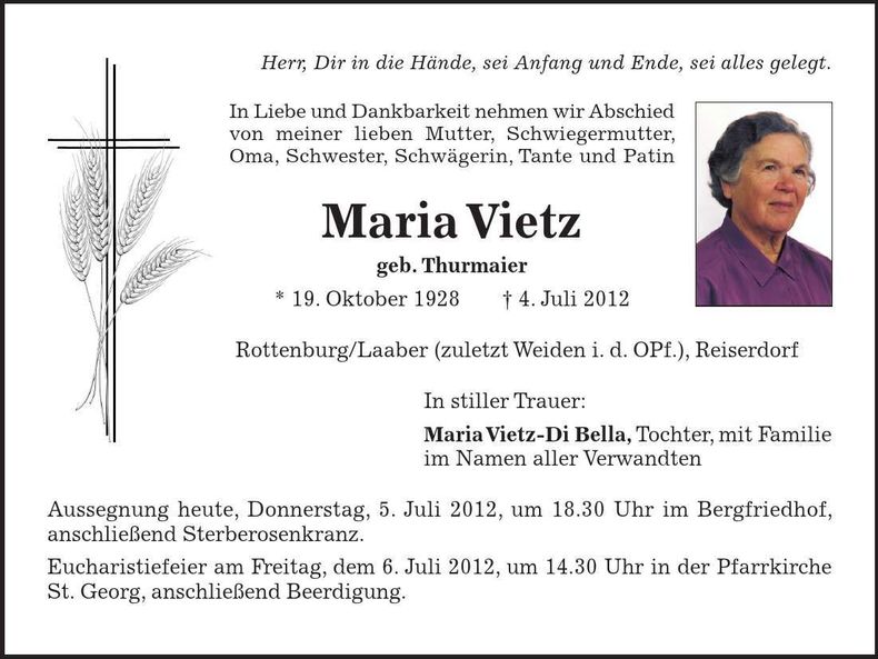 Traueranzeige Maria Vietz