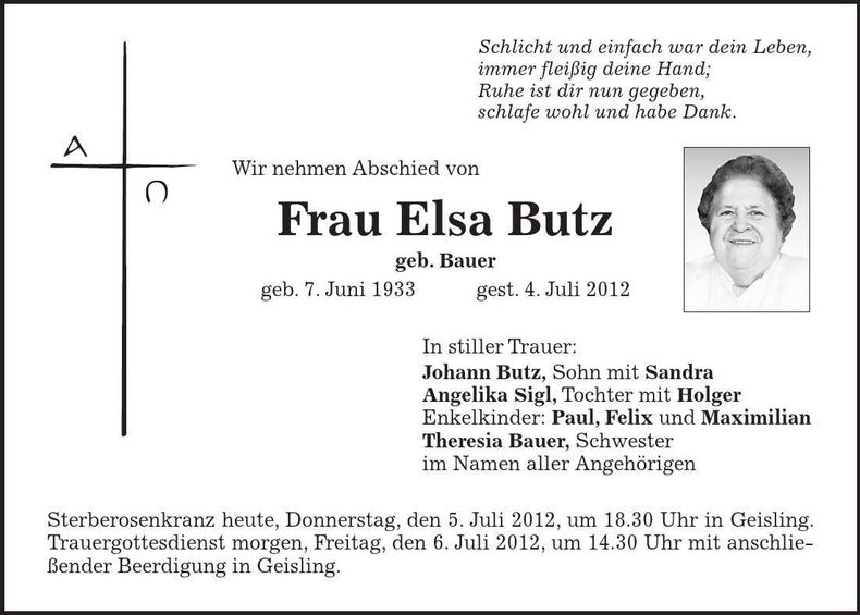 Traueranzeige Elsa Butz