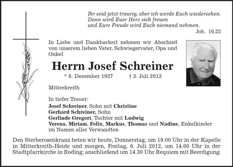 Traueranzeige Josef Schreiner