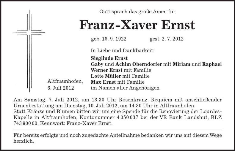 Traueranzeige Franz-Xaver Ernst