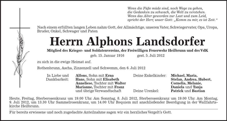 Traueranzeige Alphons Landsdorfer