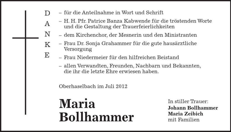 Traueranzeige Maria Bollhammer