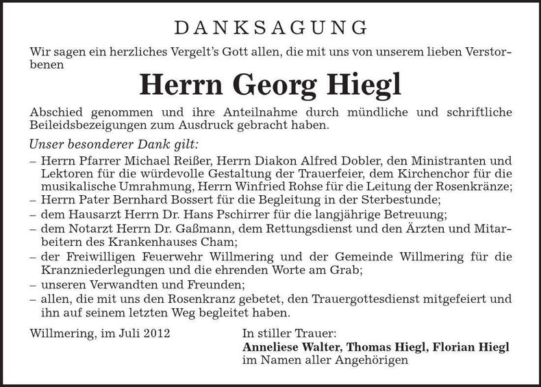 Traueranzeige Georg Hiegl