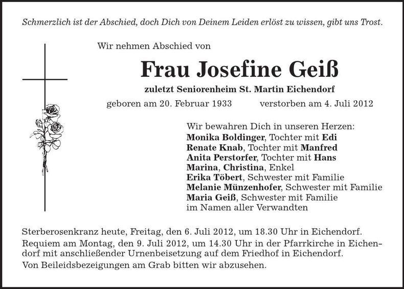 Traueranzeige Josefine Geiss