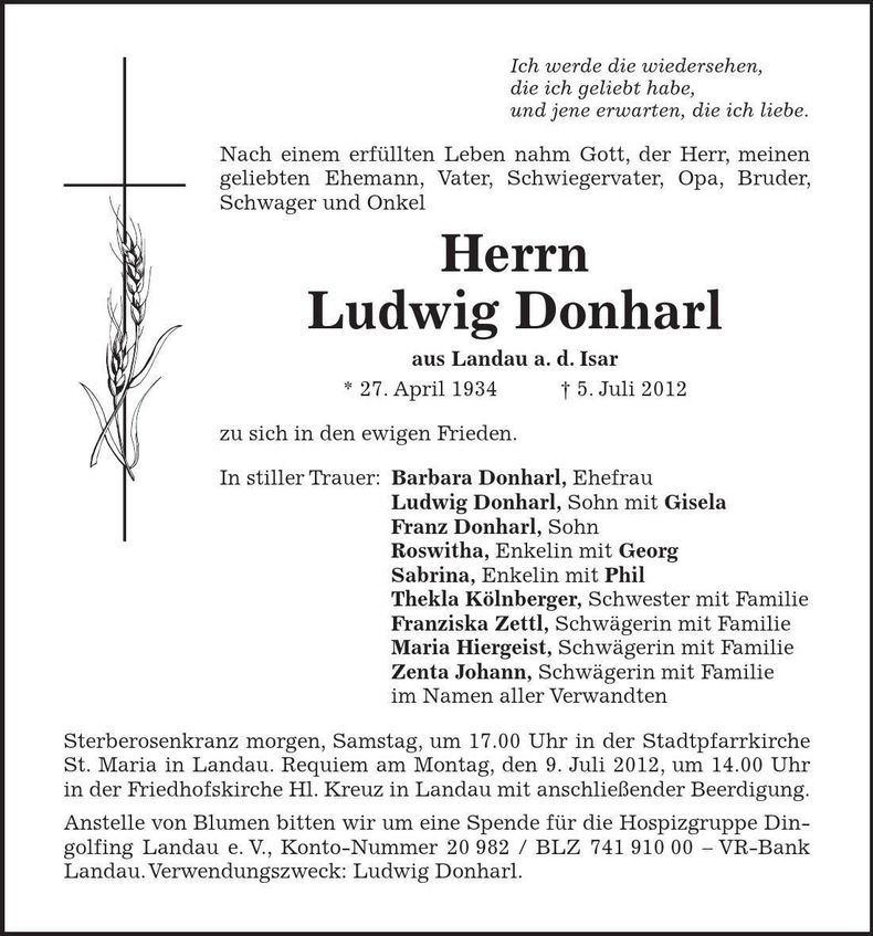 Traueranzeige Ludwig Donharl