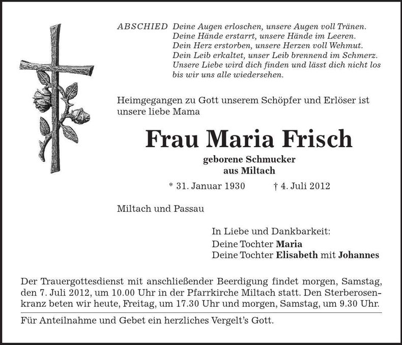 Traueranzeige Maria Frisch