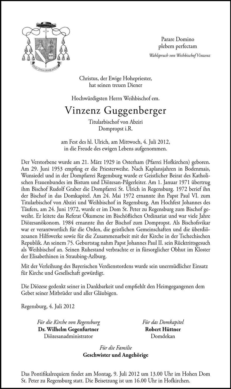 Traueranzeige Vinzenz Guggenberger