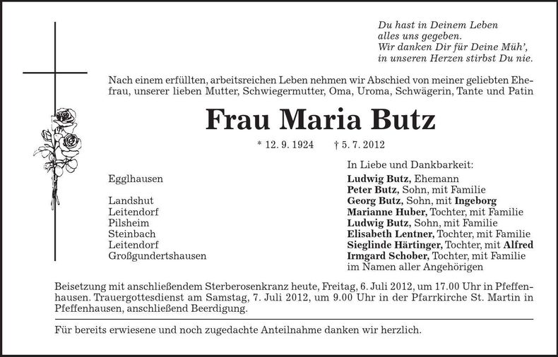 Traueranzeige Maria Butz