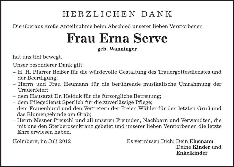 Traueranzeige Erna Serve