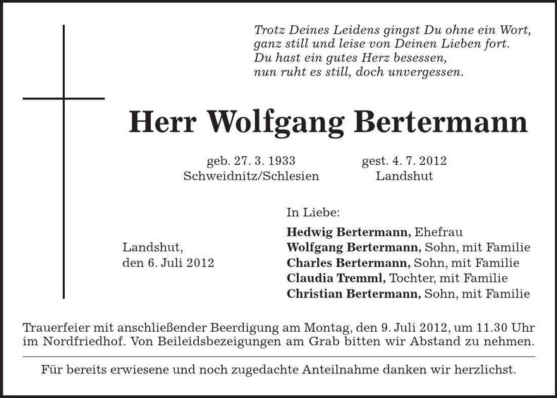 Traueranzeige Wolfgang Bertermann