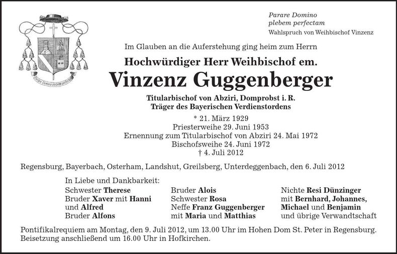 Traueranzeige Vinzenz Guggenberger