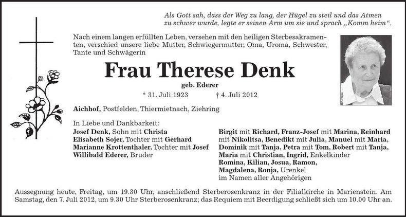 Traueranzeige Therese Denk