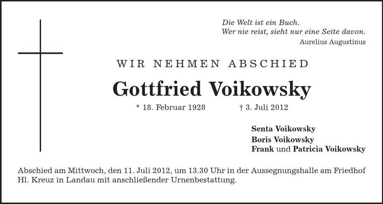 Traueranzeige Gottfried Voikowsky