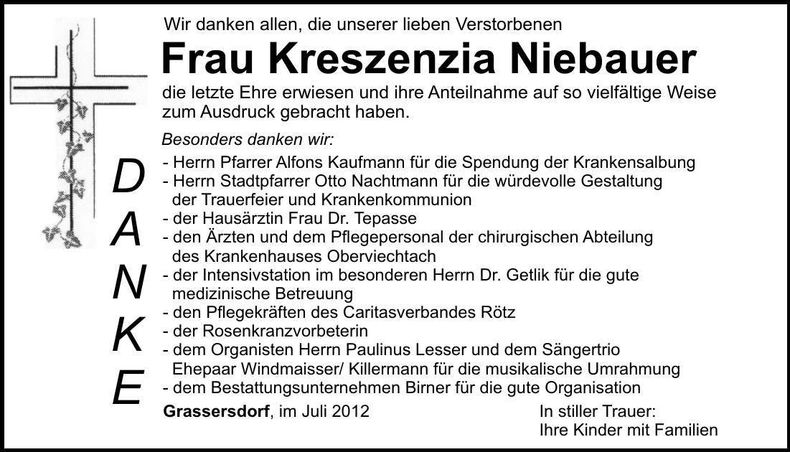 Traueranzeige Kreszenzia Niebauer