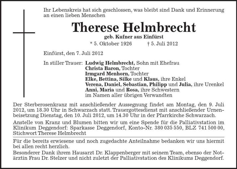 Traueranzeige Therese Helmbrecht