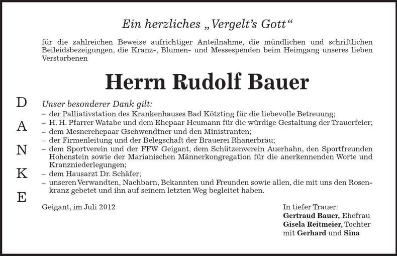 Traueranzeige Rudolf Bauer