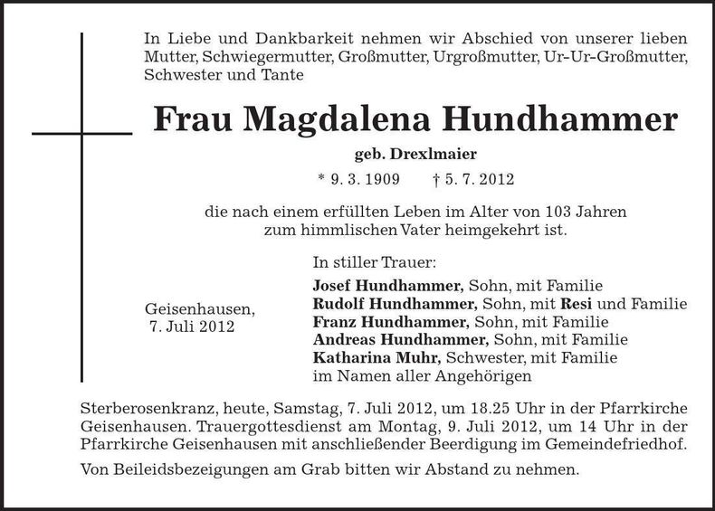 Traueranzeige Magdalena Hundhammer