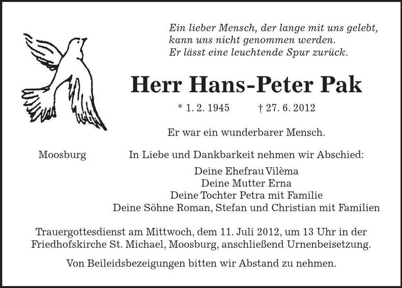 Traueranzeige Hans-Peter Pak
