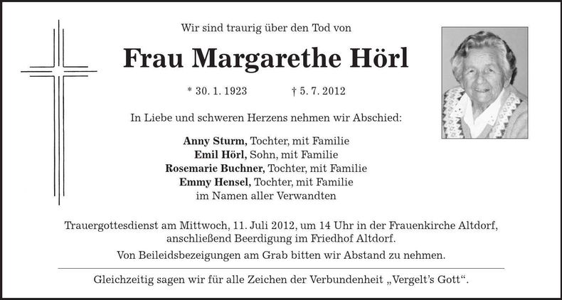Traueranzeige Margarethe Hörl