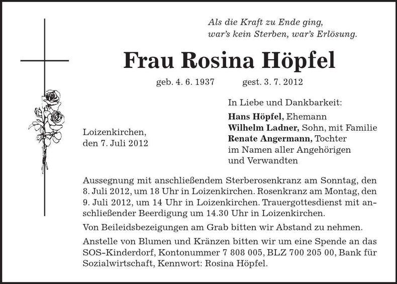 Traueranzeige Rosina Höpfel
