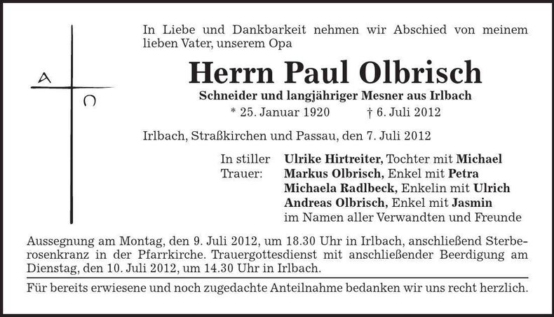 Traueranzeige Paul Olbrisch
