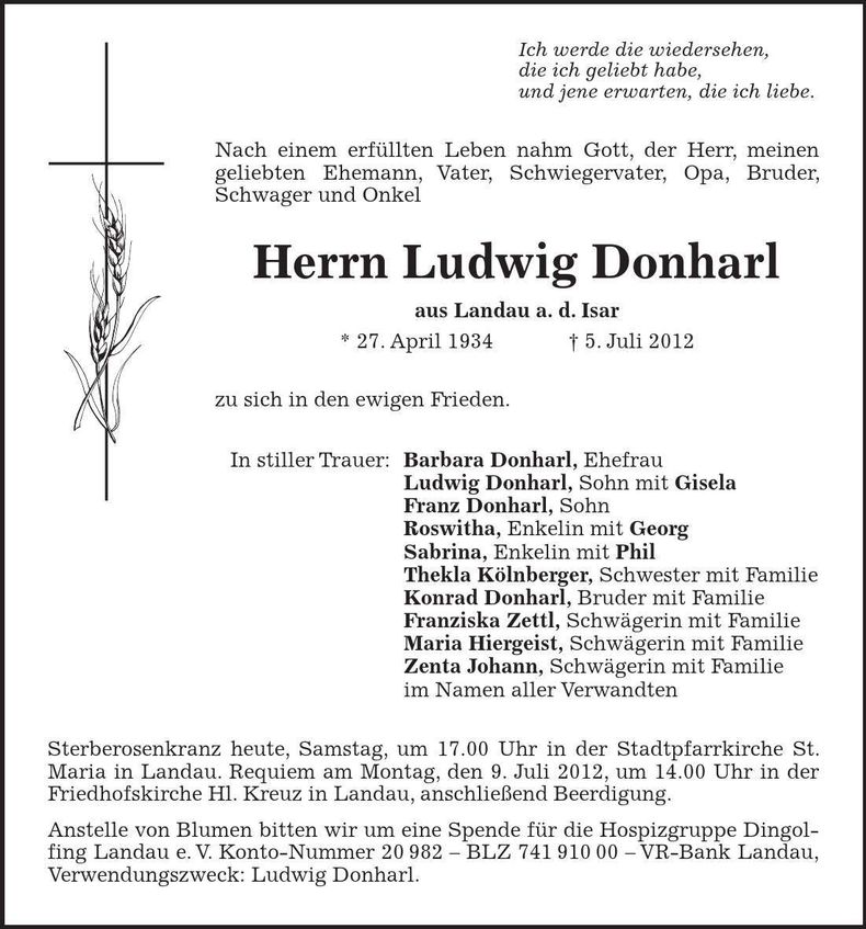 Traueranzeige Ludwig Donharl