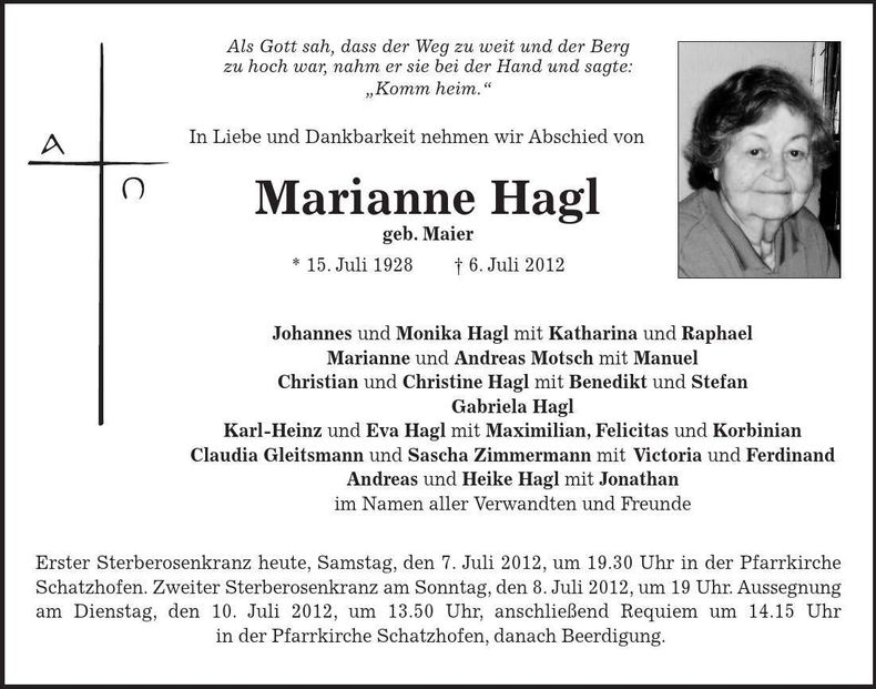 Traueranzeige Marianne Hagl