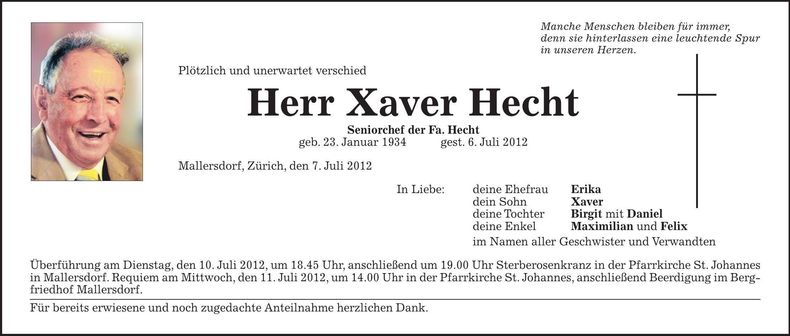 Traueranzeige Xaver Hecht