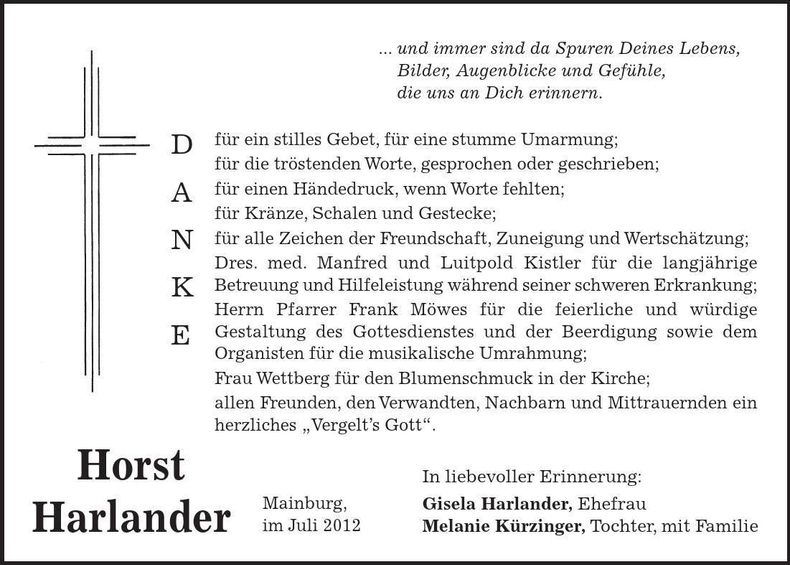 Traueranzeige Horst Harlander