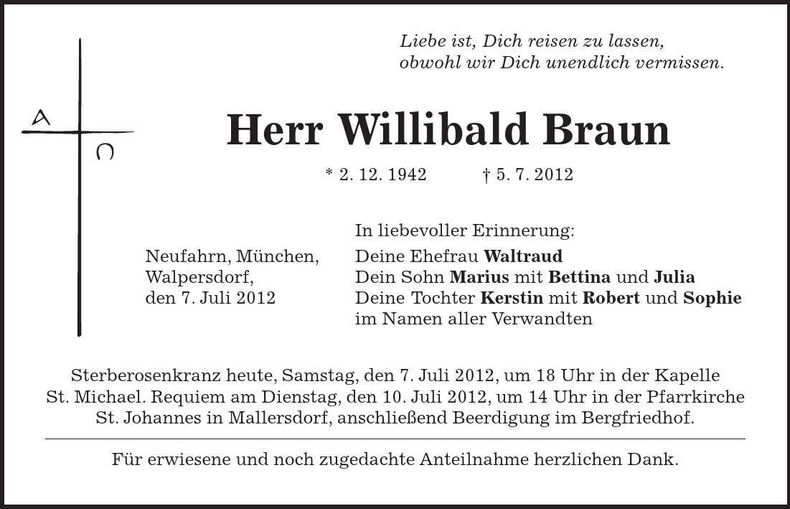 Traueranzeige Willibald Braun