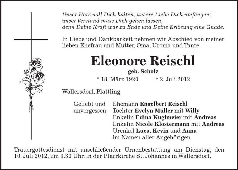 Traueranzeige Eleonore Reischl